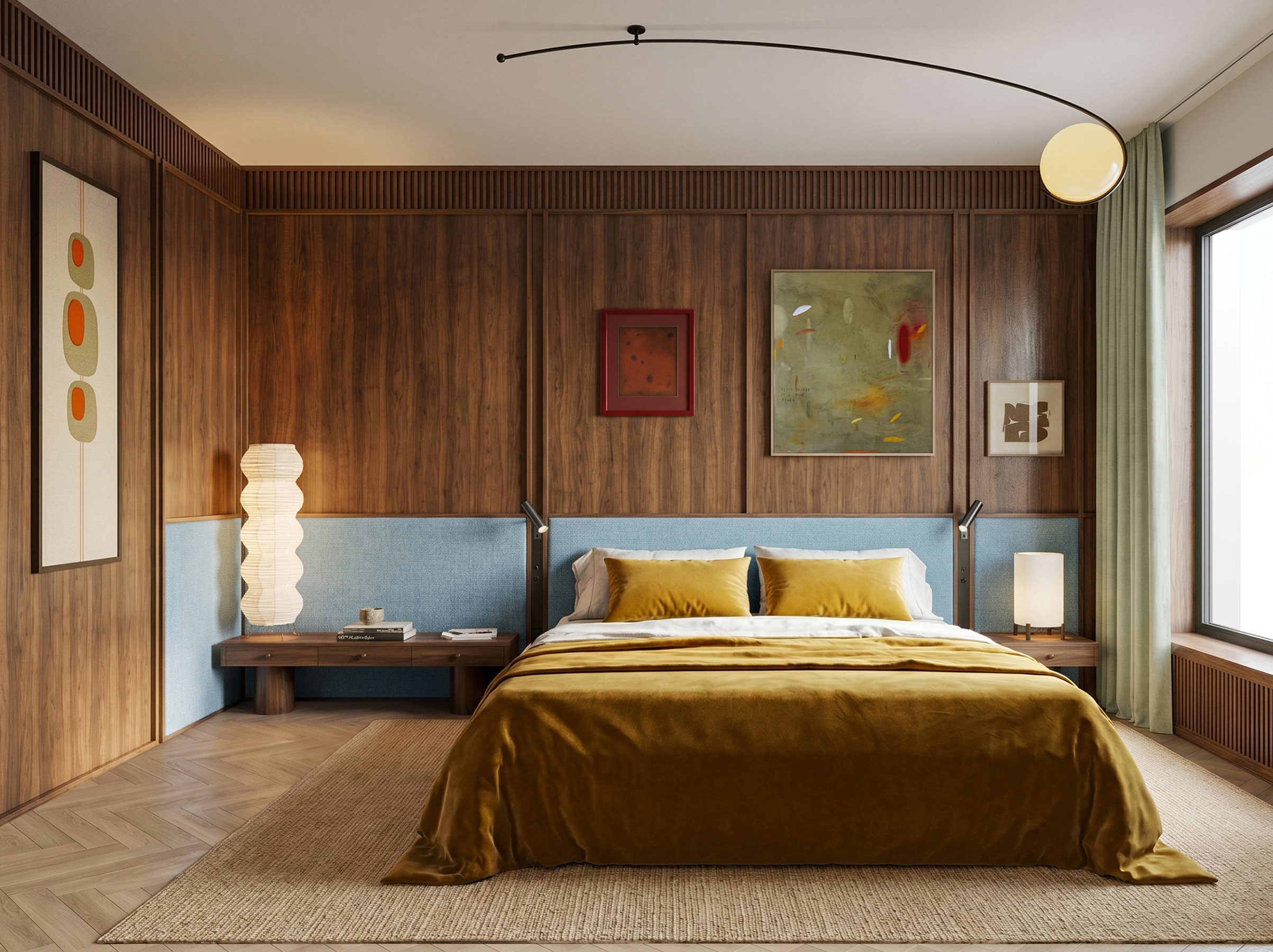 Bedroom with a blue upholstered headboard against fluted walnut panelling, an ochre bedspread and an arc pendant light.