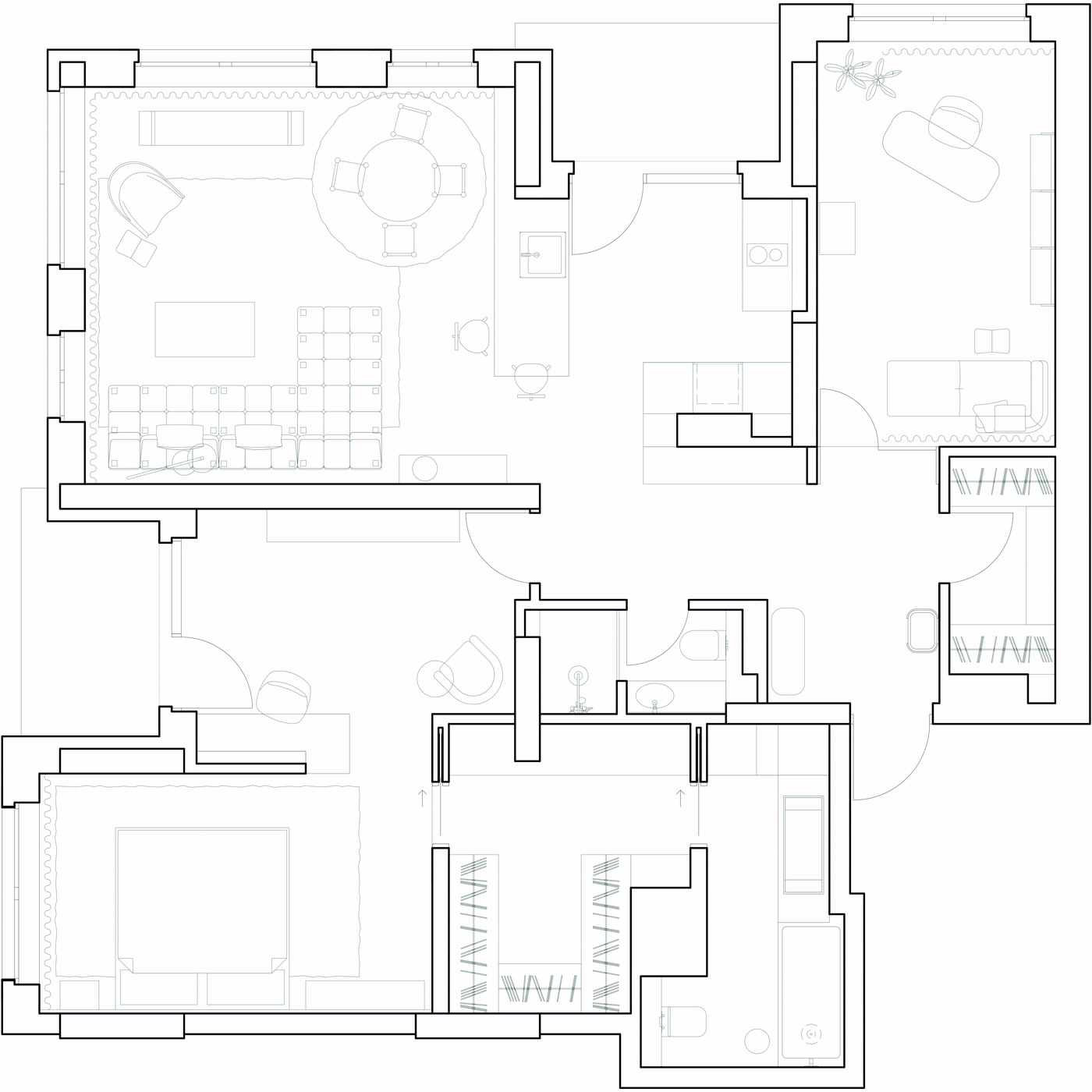 Floor plan of the apartment, showing the open-plan living and kitchen area, the bedroom and the two home offices.