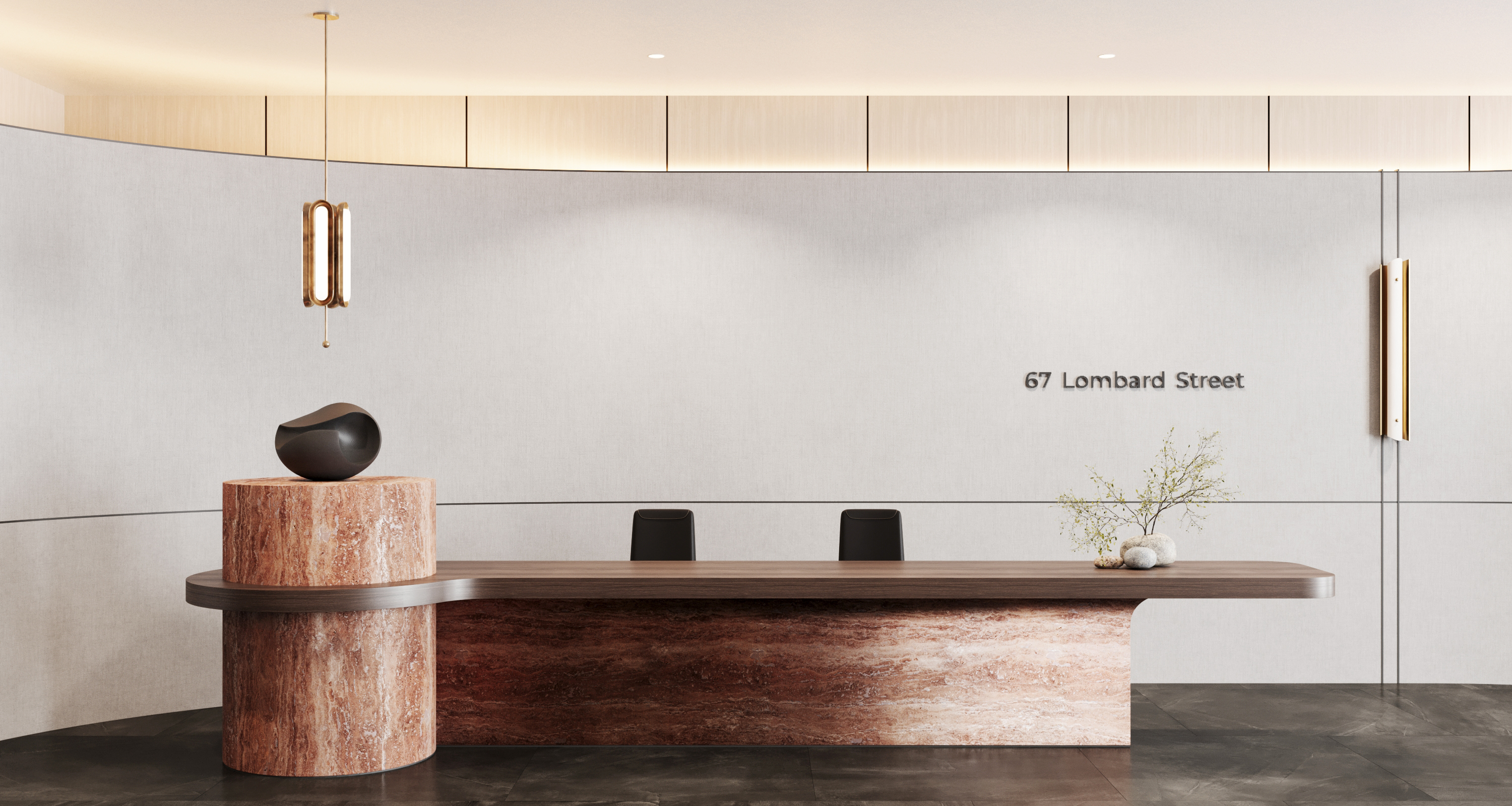 Lobby L., London — a wide entrance lobby with considered lighting and joinery.