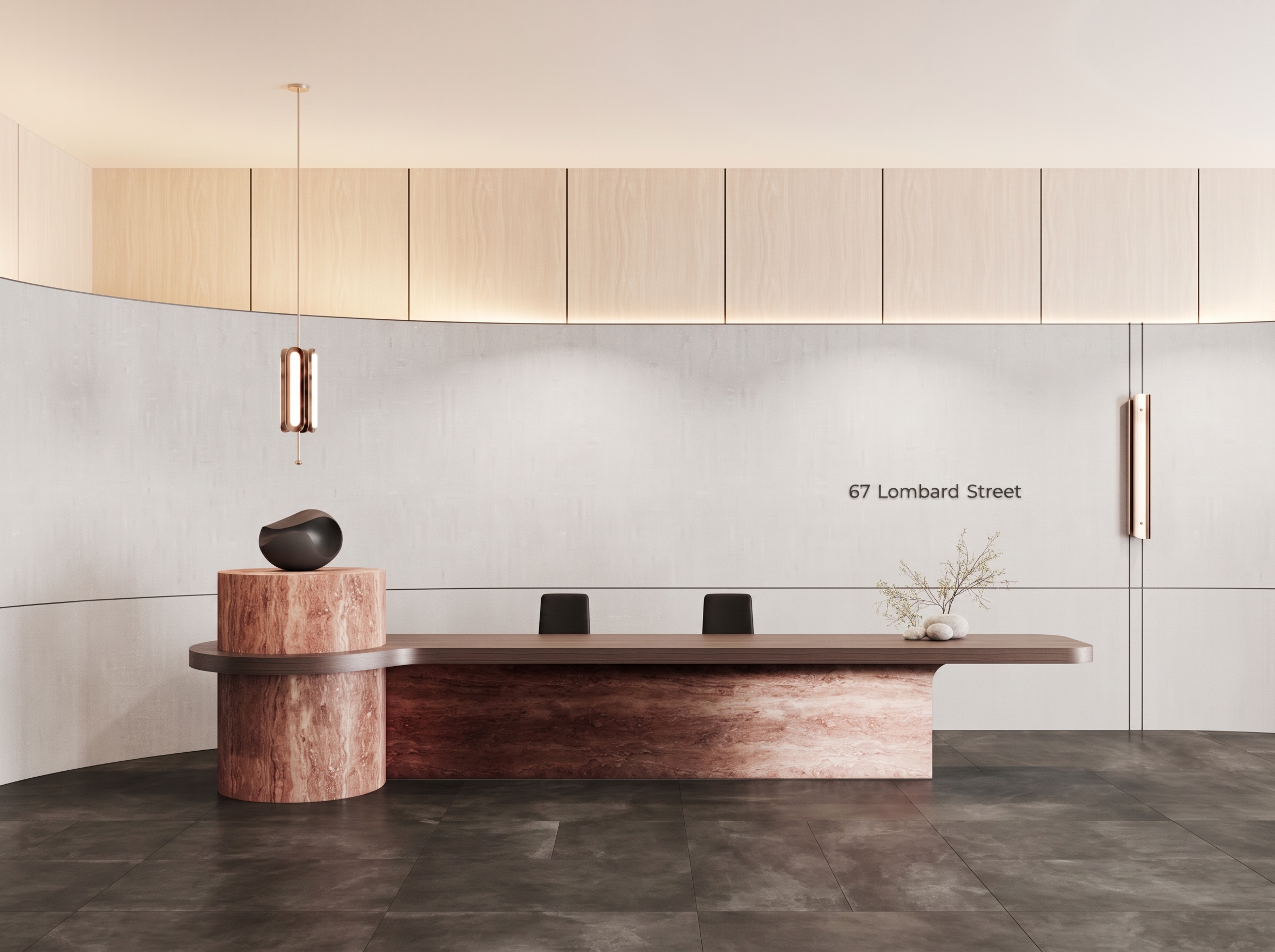 Reception desk in figured stone with a dark timber top, under slim pendant lights.