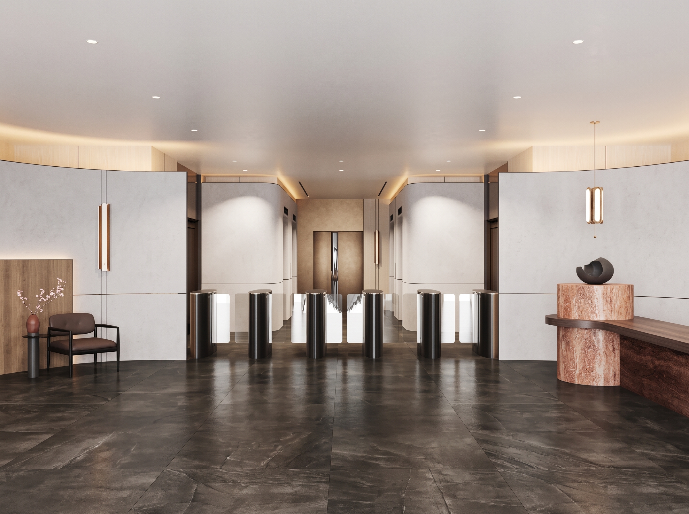 Lobby with security gates beyond the reception desk, over a dark stone floor.