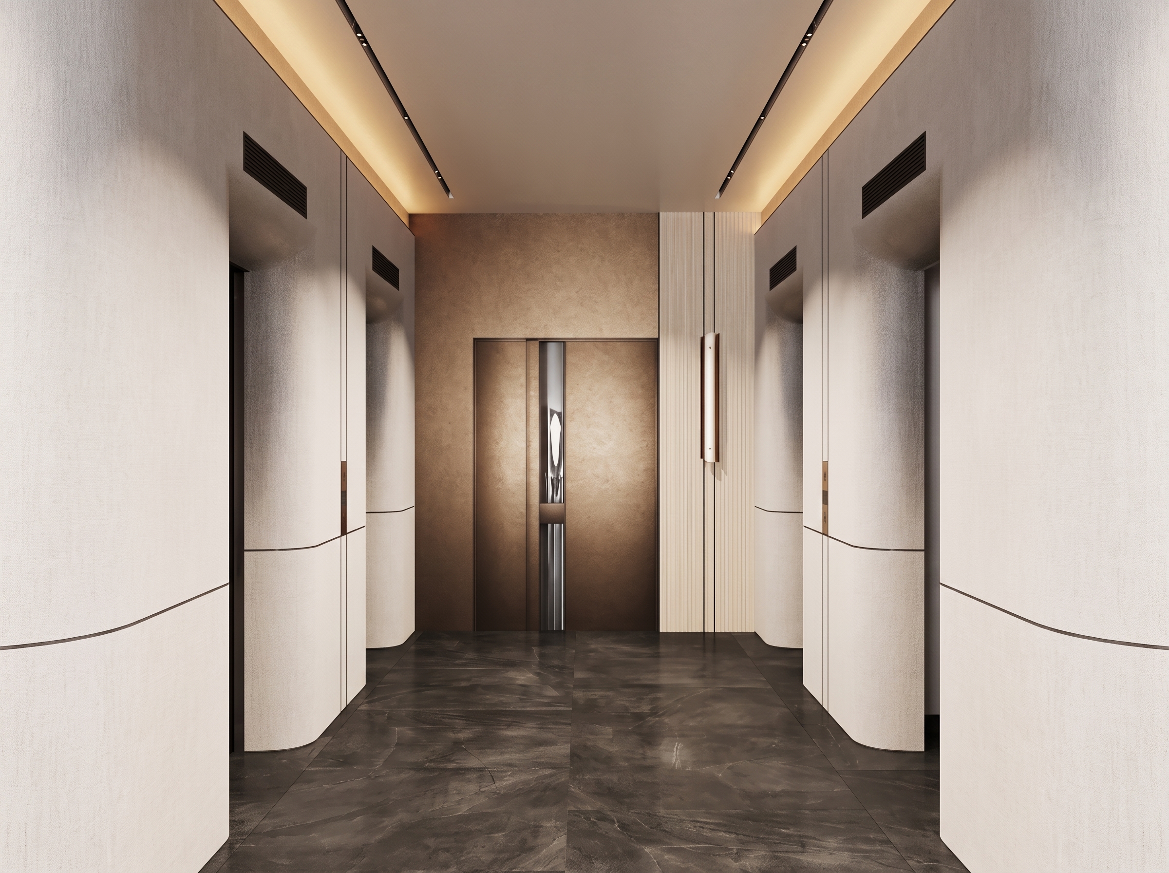 Lift lobby with pale curved wall panels over a dark stone floor.