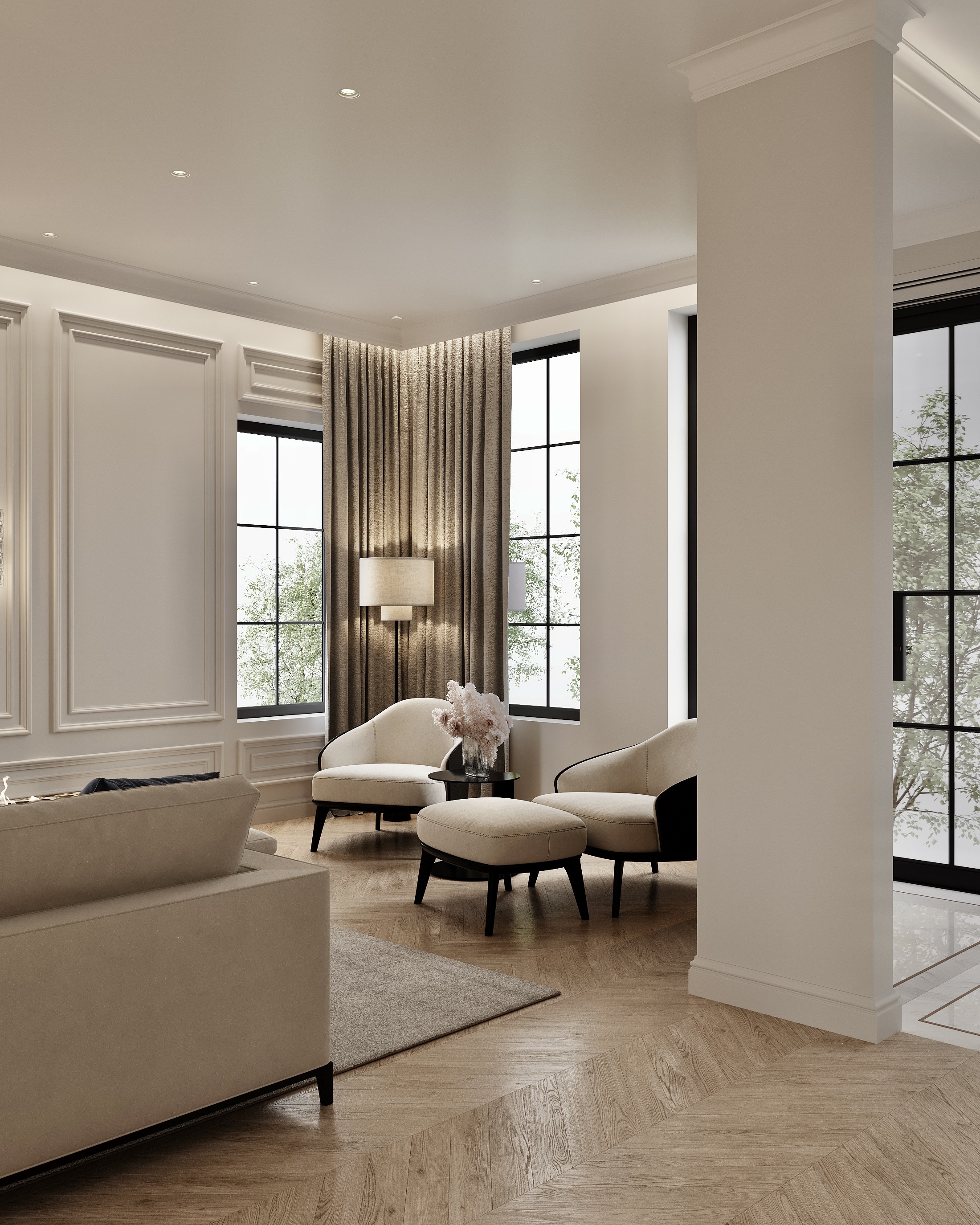Sitting room with a sofa and armchairs between tall windows, on a herringbone floor.