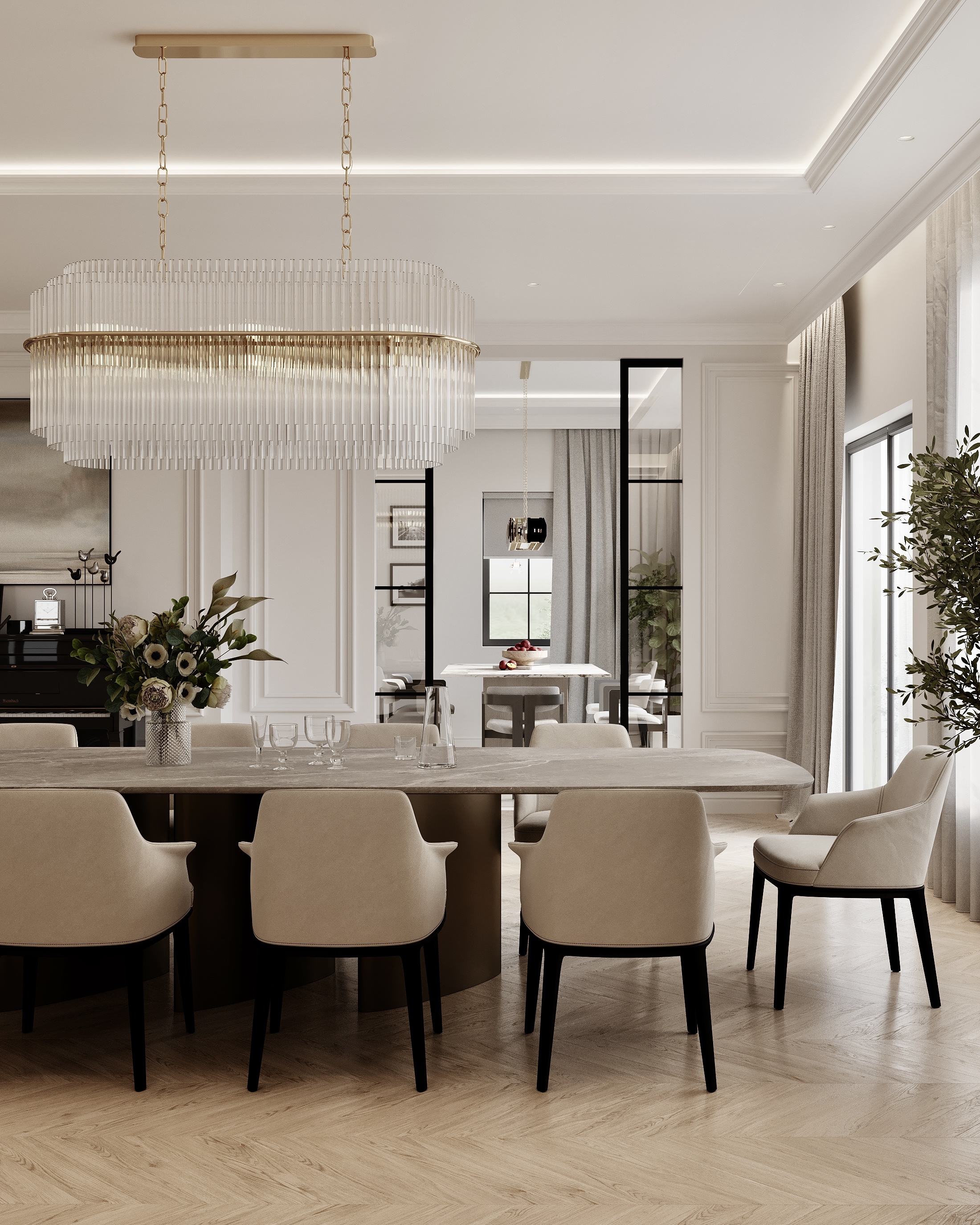 Dining room with a long table and upholstered chairs under a tiered chandelier.