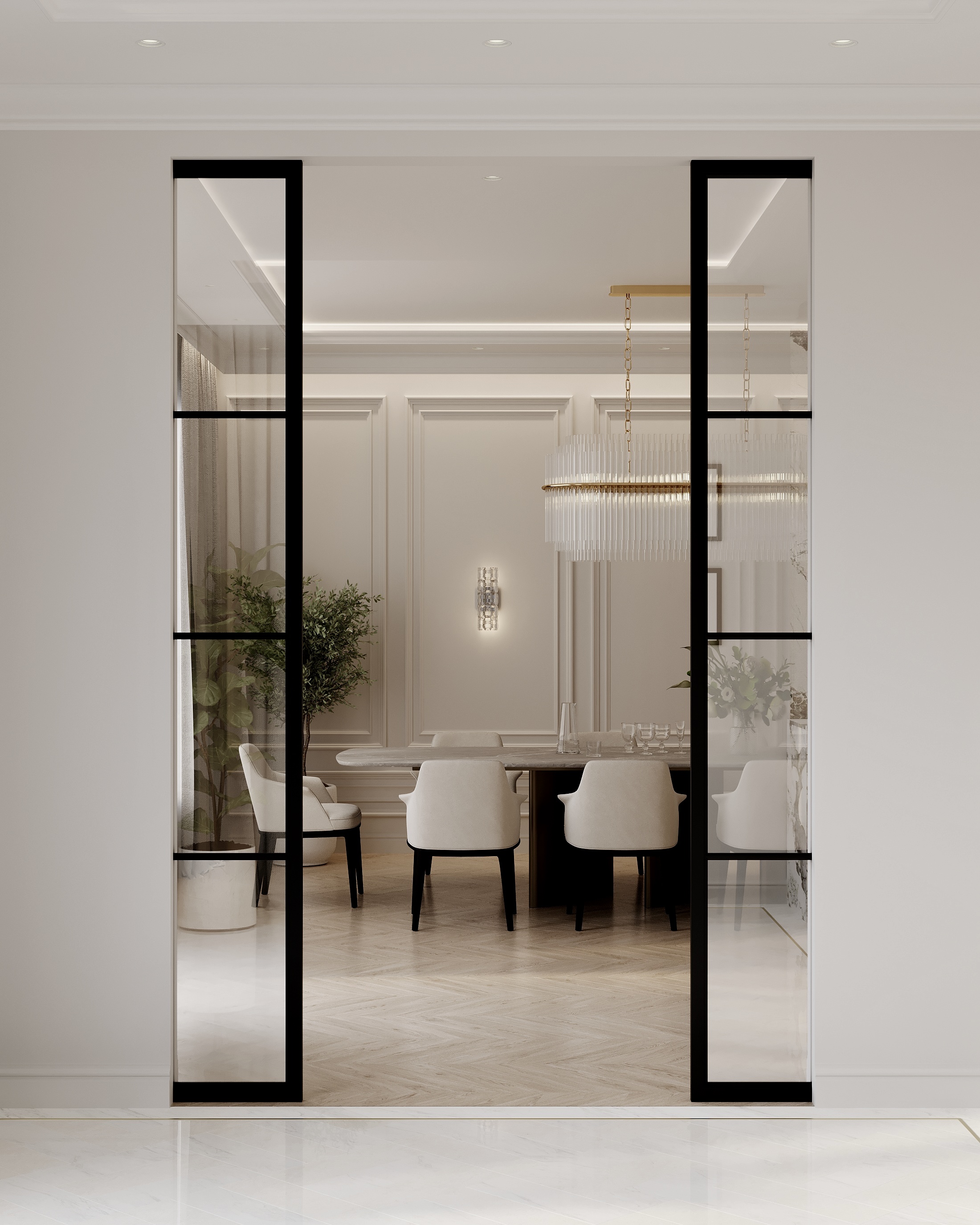 Steel-framed glazed screens between the dining and living rooms.