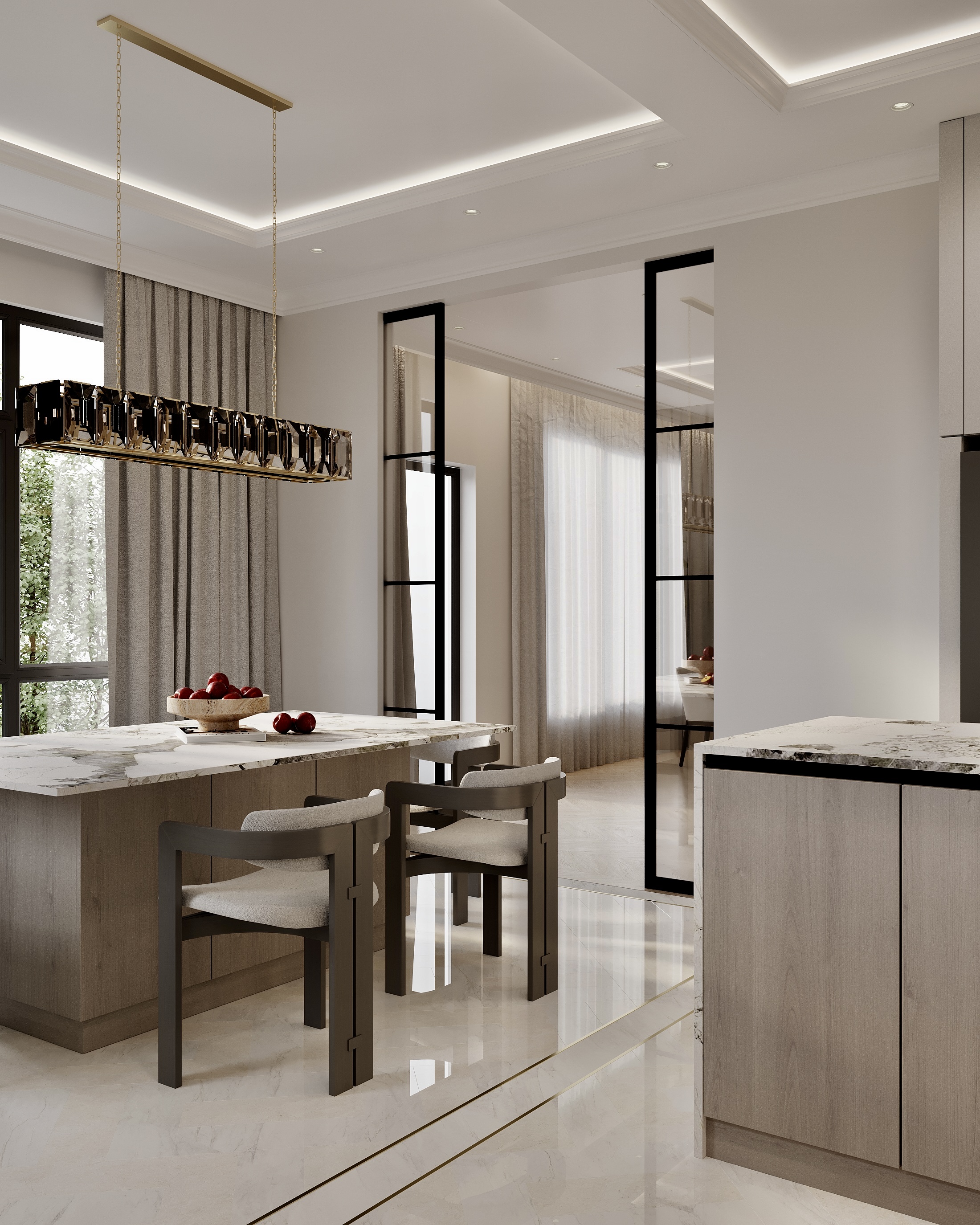 Kitchen and dining room with a marble island under a linear chandelier.