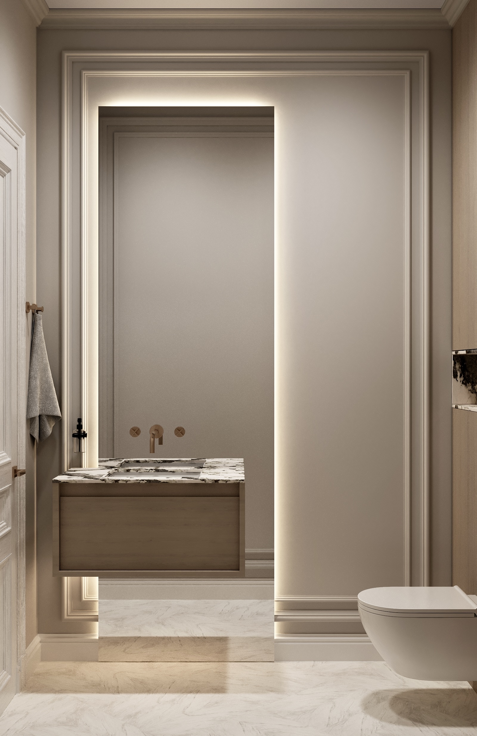 Cloakroom with a timber vanity beside a lit recess.