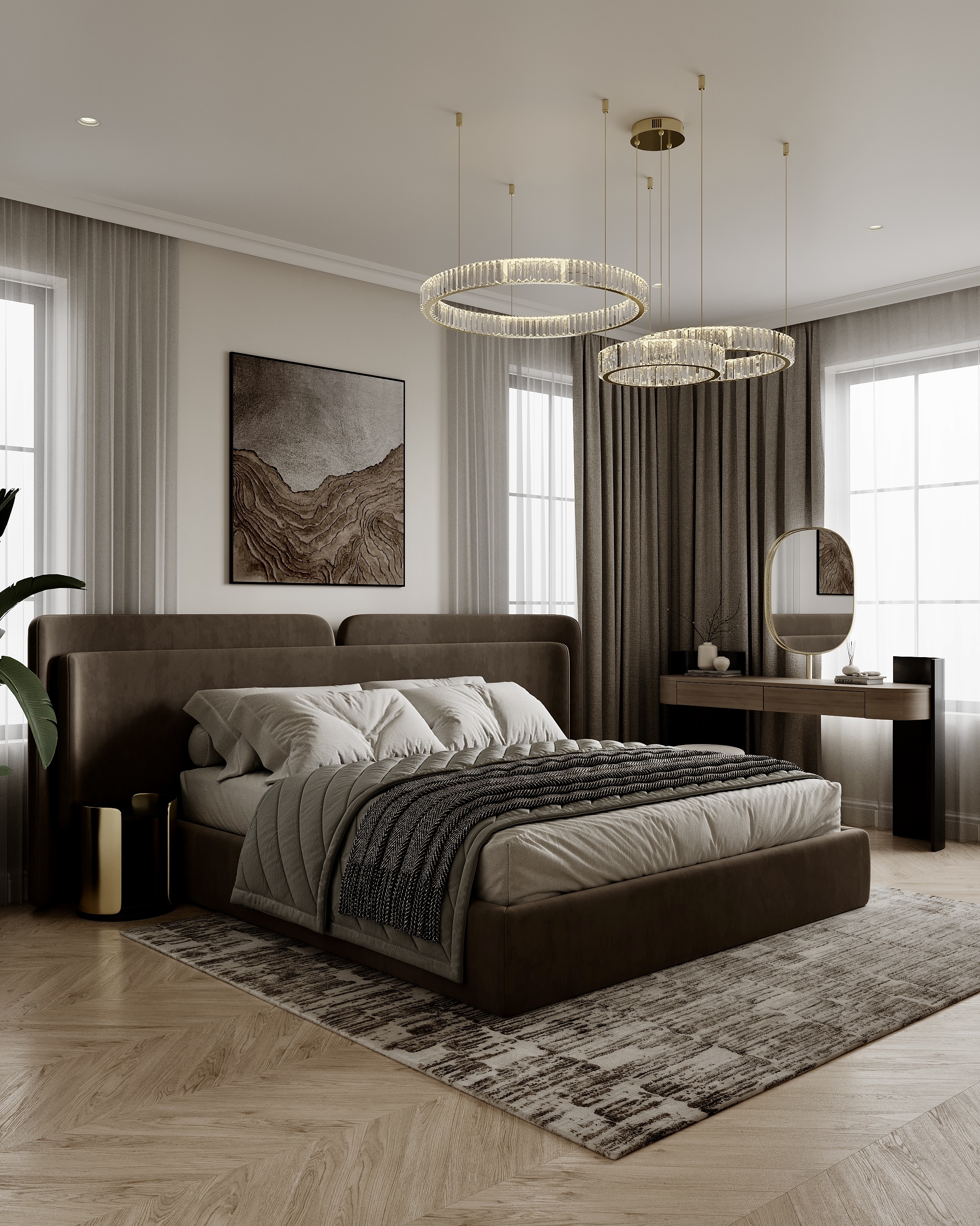Bedroom with an upholstered bed under circular chandeliers, curtains drawn back.