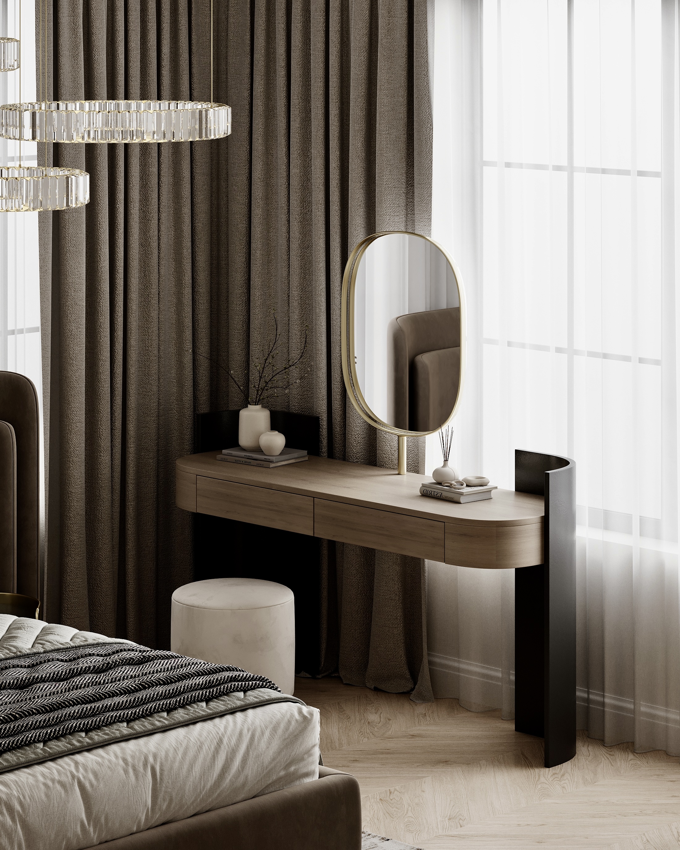 Bedroom with a dressing table and oval mirror against sheer curtains.