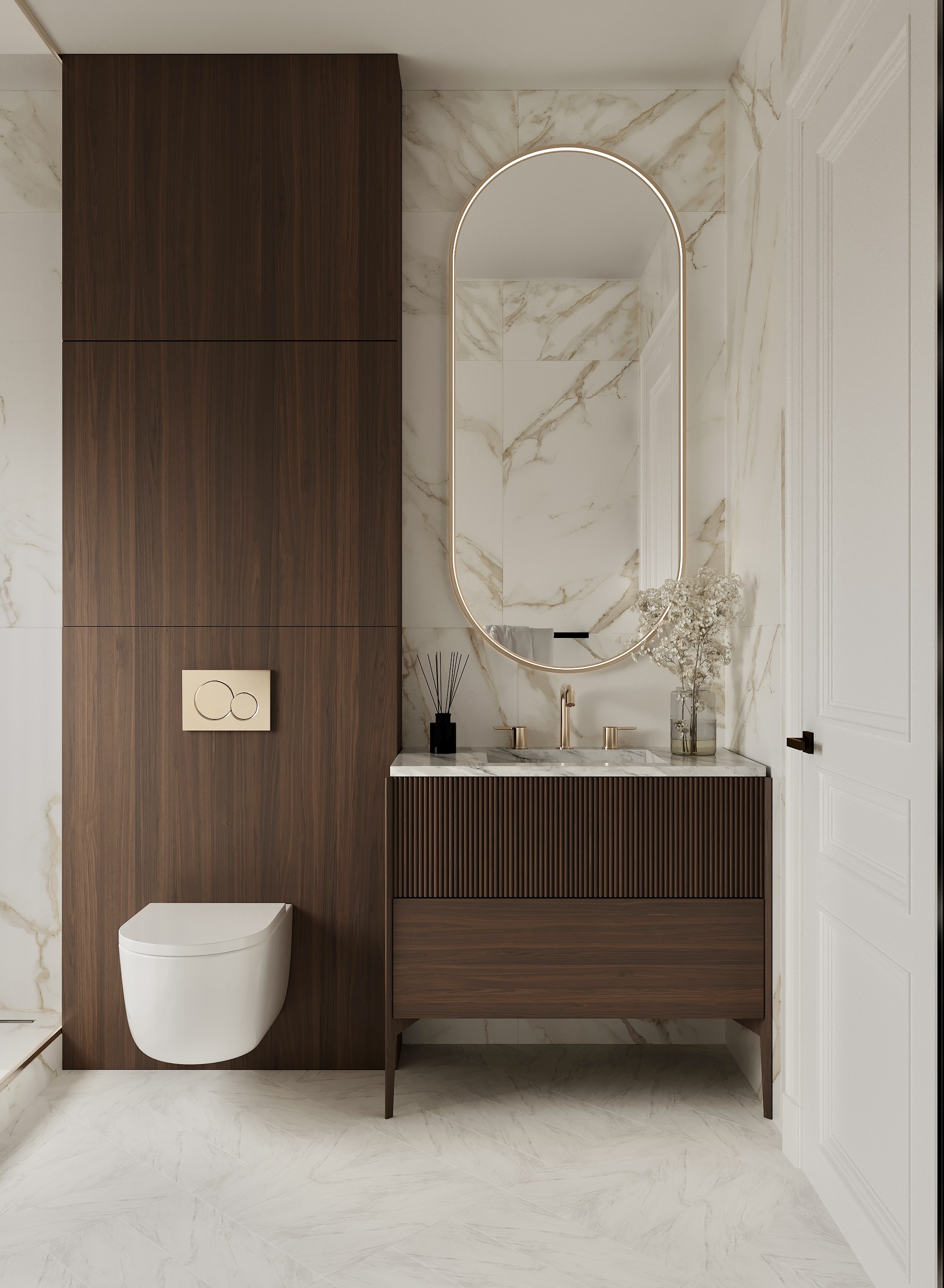 Bathroom lined in marble, with a timber vanity and an oval mirror.