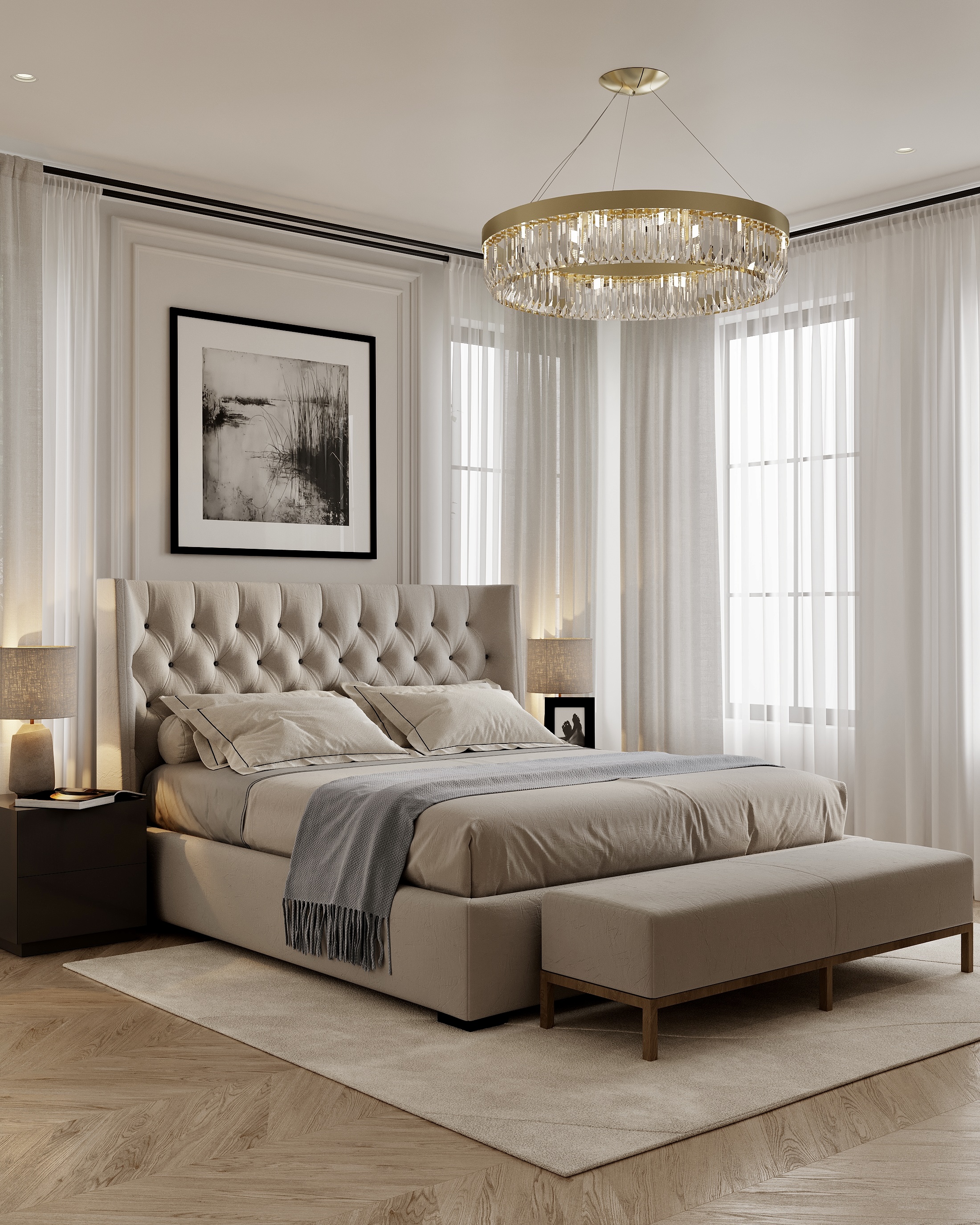 Bedroom with a buttoned headboard and a bench at the foot of the bed.