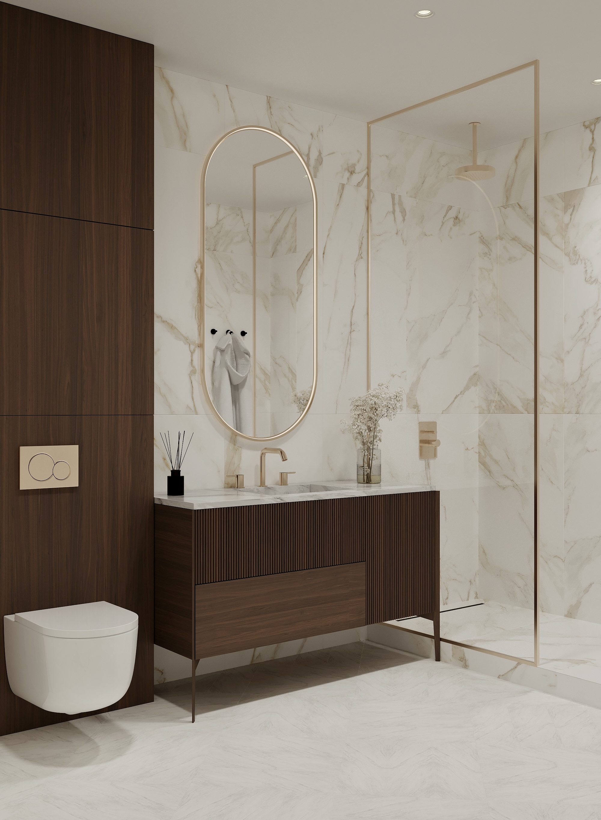 Bathroom lined in marble, with a timber vanity and a walk-in shower.