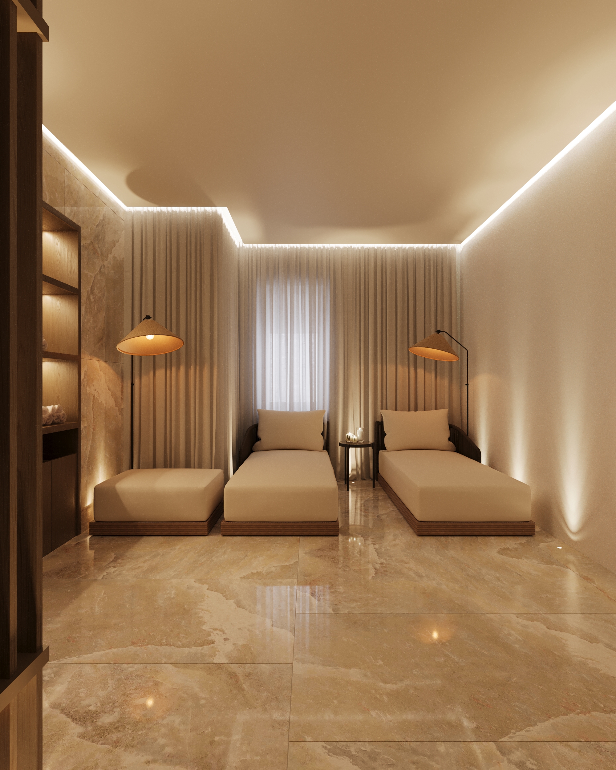Private Spa, New York — a compact private wellness room in stone and warm timber.
