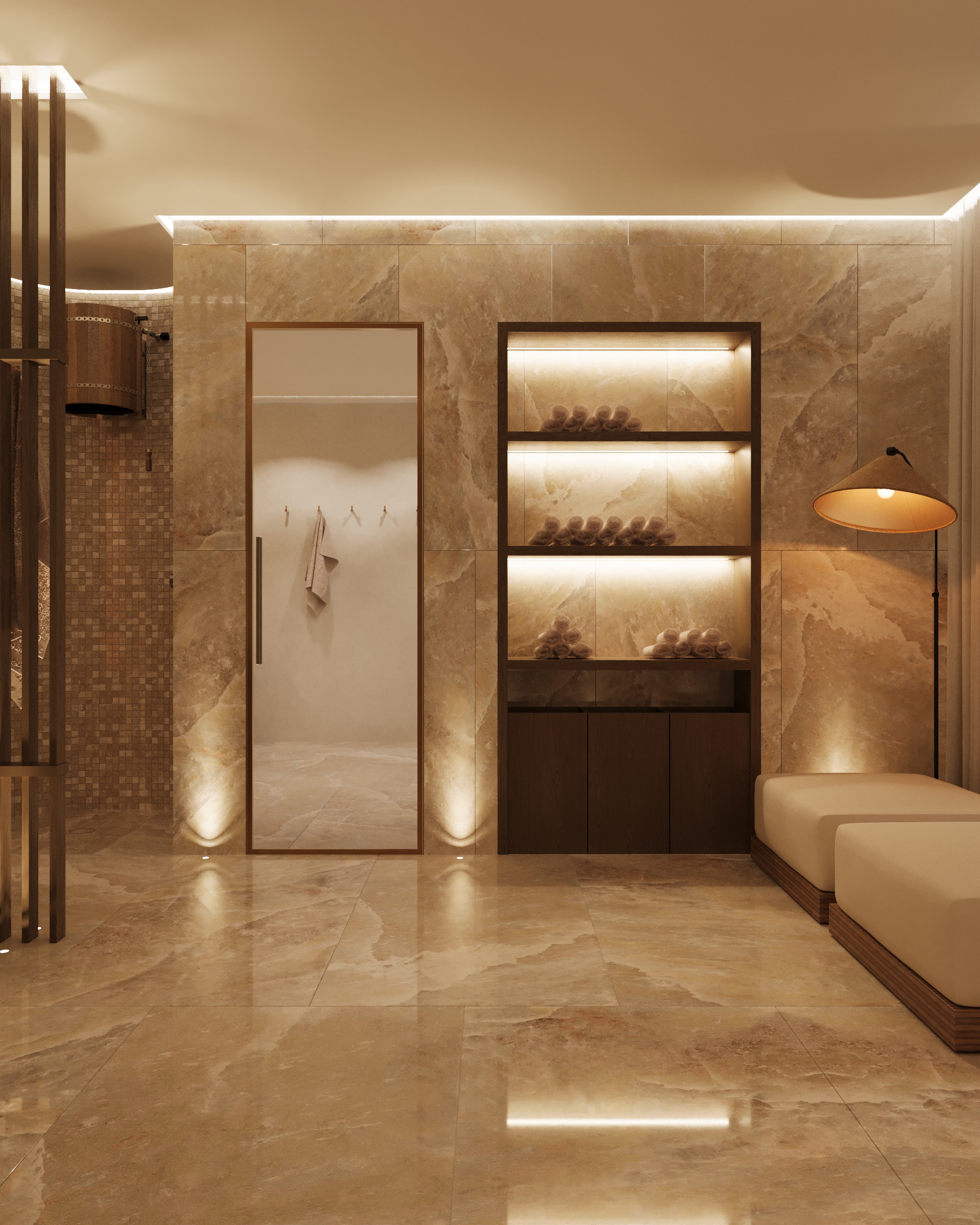 Spa corridor lined in figured stone, with a shower cubicle and lit niches.