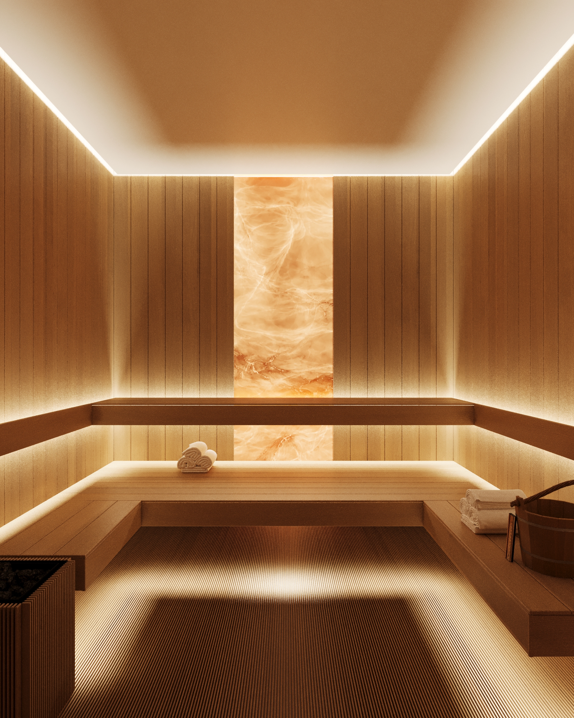 Sauna with timber benches in front of a backlit onyx panel.