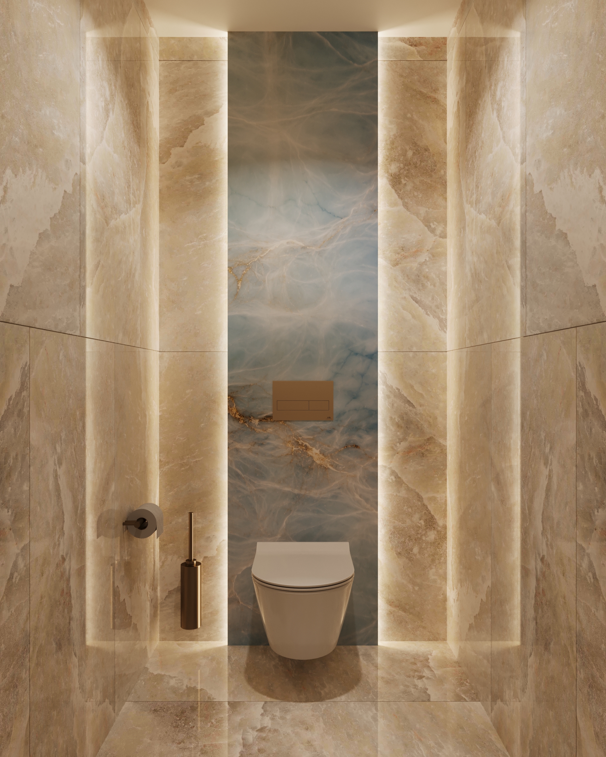 Cloakroom with backlit stone panels flanking a blue onyx feature wall.