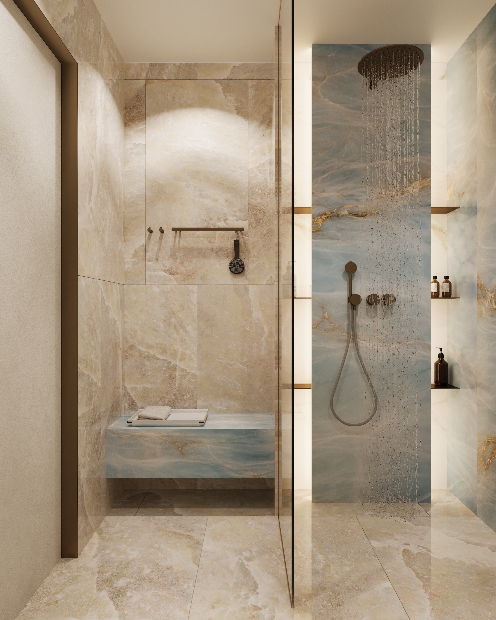 Shower room with a blue stone bench beneath a rainfall shower.