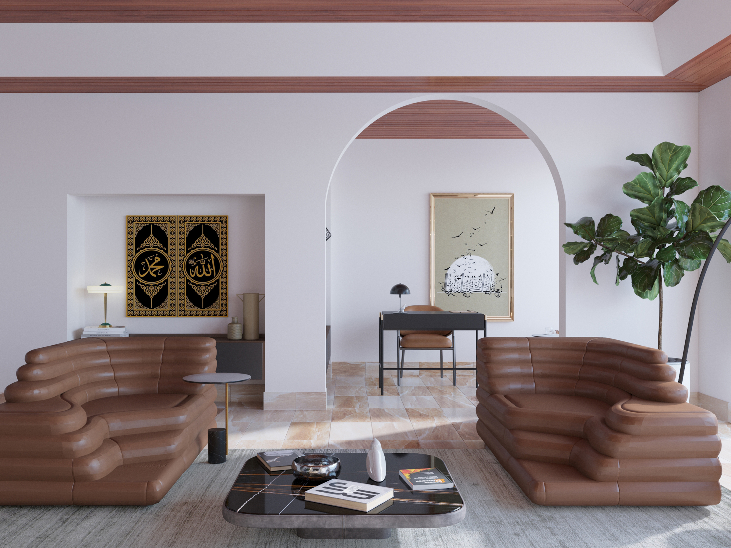 Living room with tan leather sofas between arched openings, hung with calligraphy.