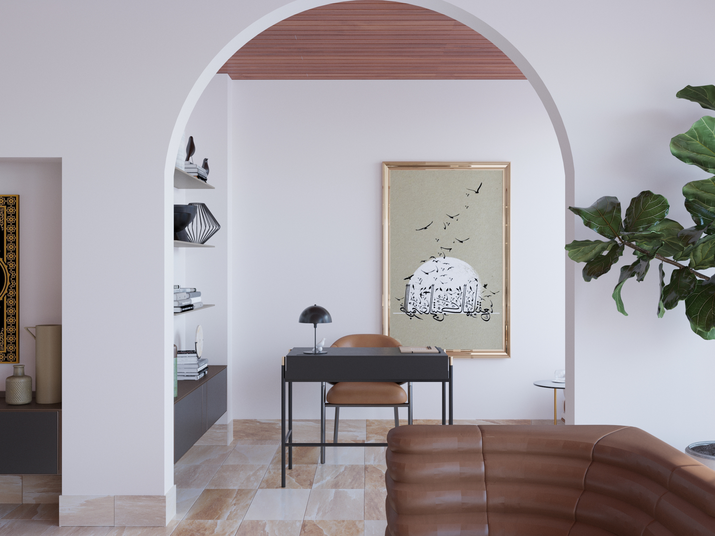 Living room seen through an arch, with a desk and framed artwork beyond.