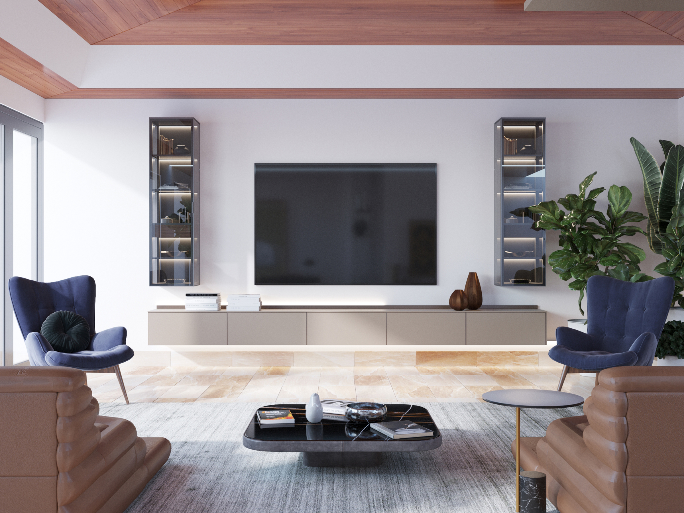 Living room facing a wall-mounted screen, with blue armchairs and a low sideboard.