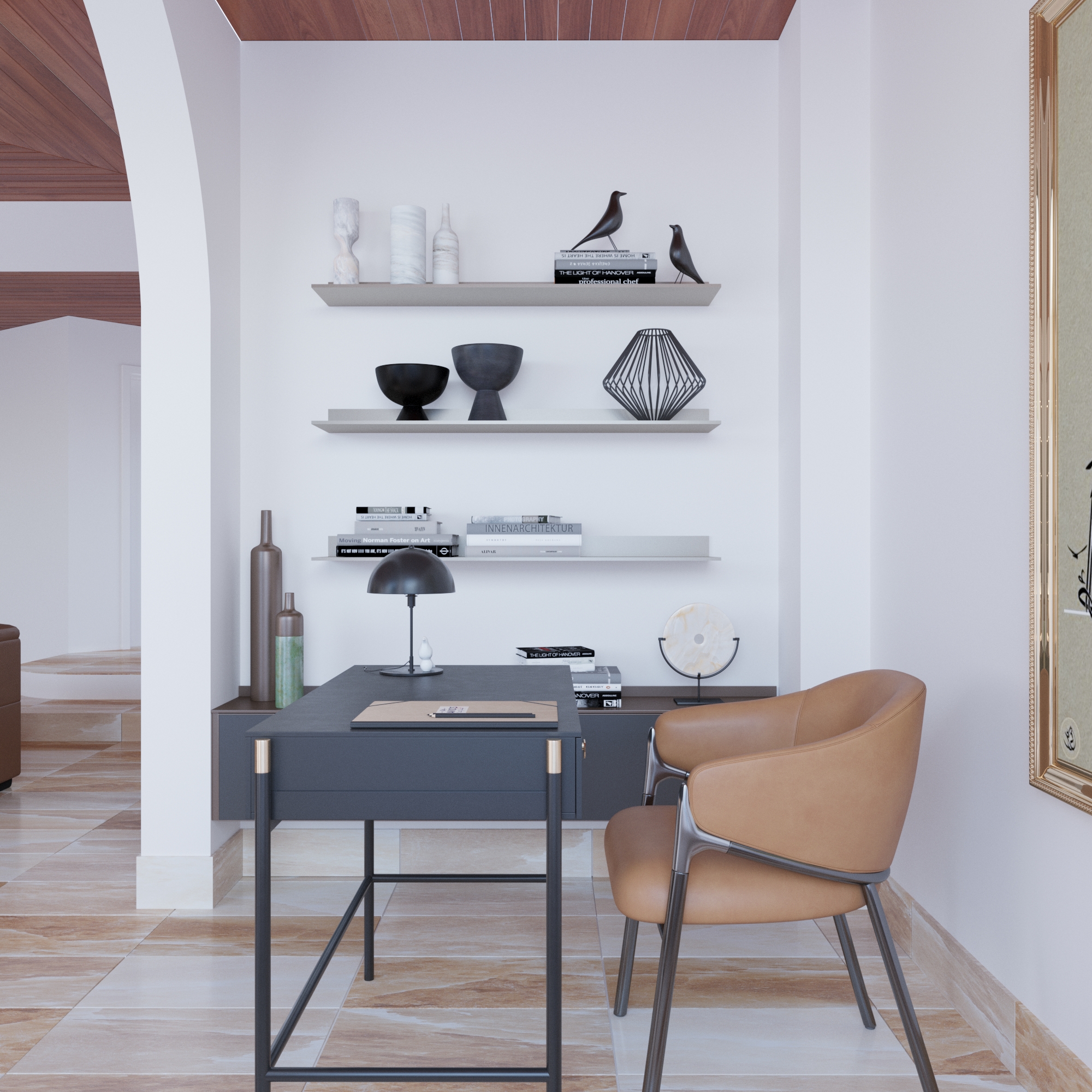 Study corner with a dark desk and tan leather chair below shelves of objects.