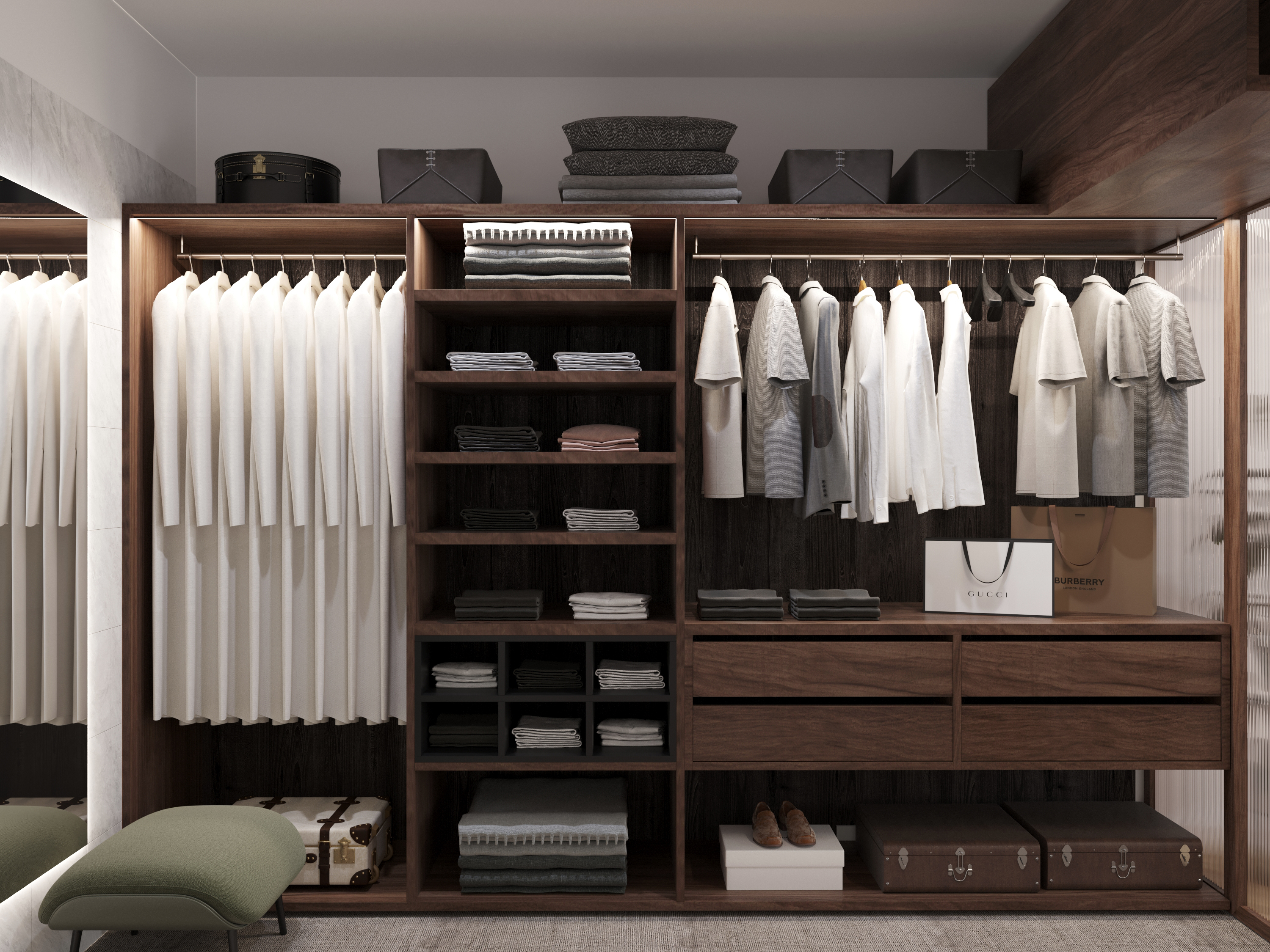 Walk-in wardrobe detail: hanging clothes, folded shelves and a bench.
