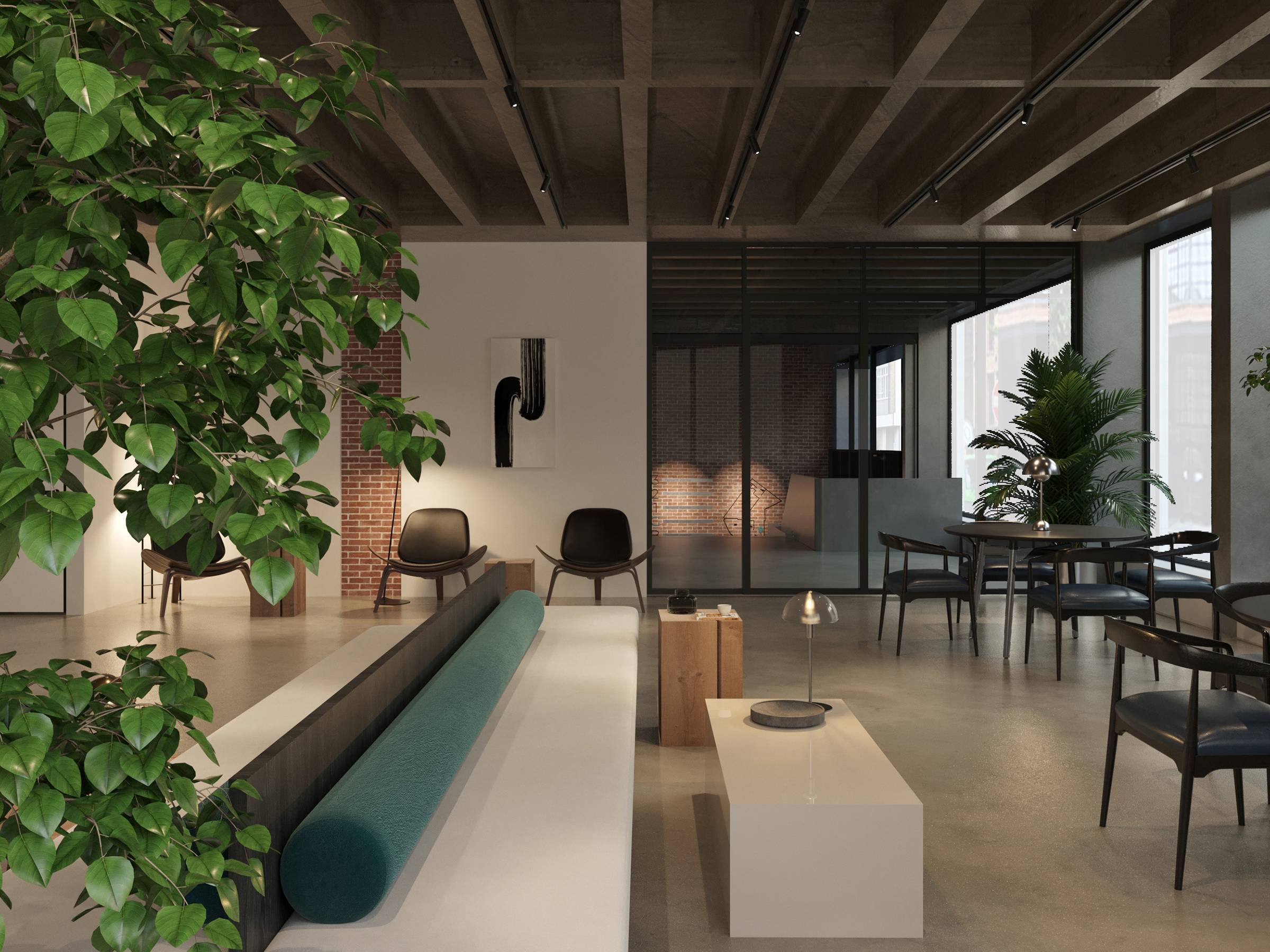 Office lounge under exposed timber joists, with a green banquette and tall planting.