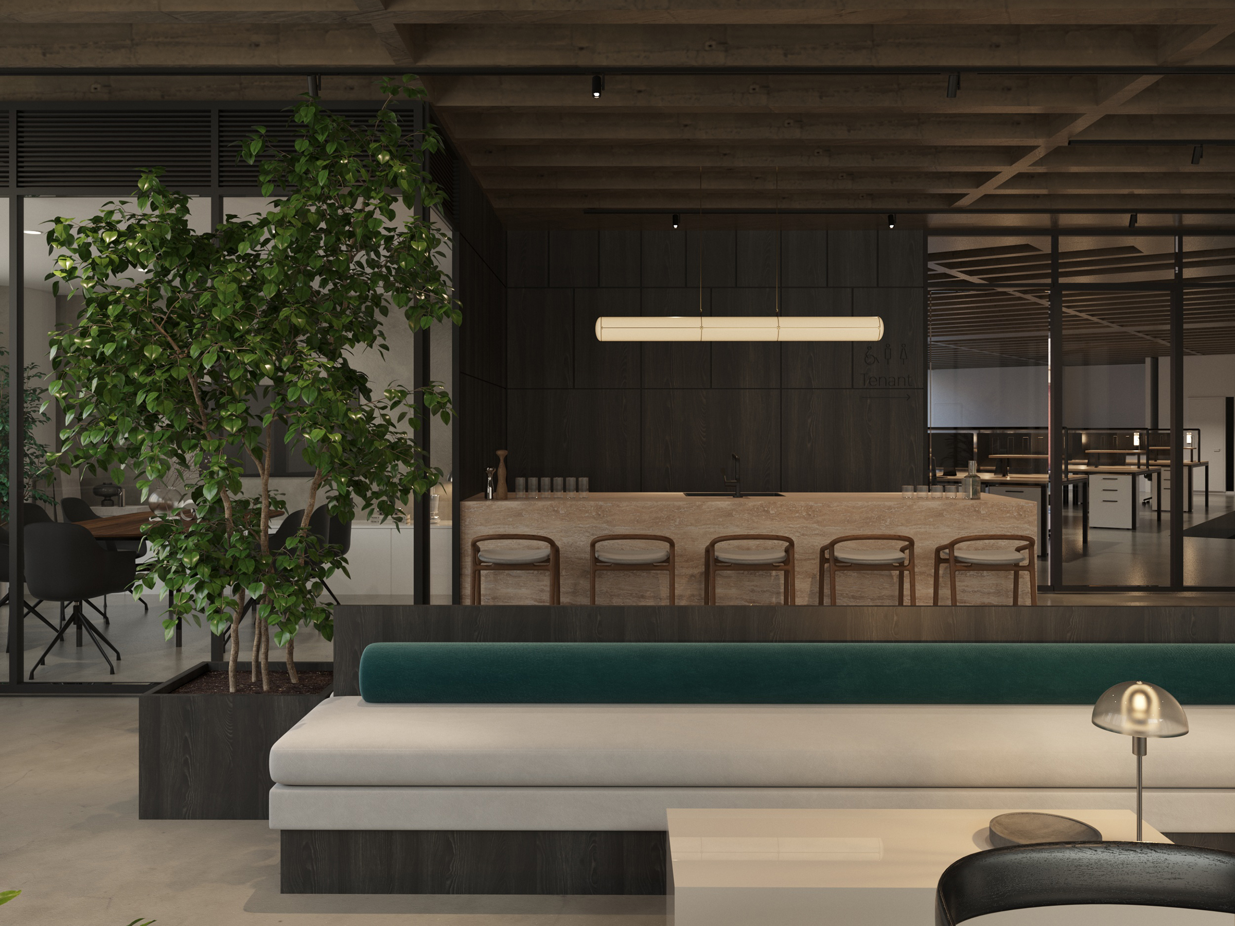Long green banquette beneath a linear pendant, with a bar counter beyond.