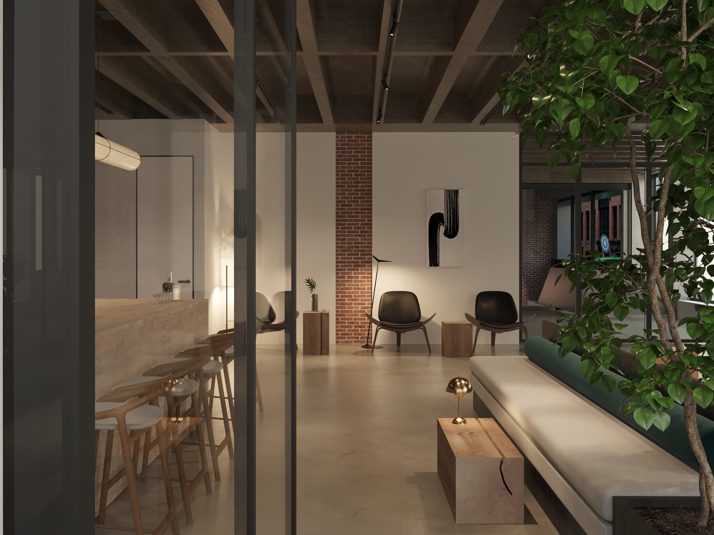 View through glazing into the lounge, past a brick pier and bar stools.