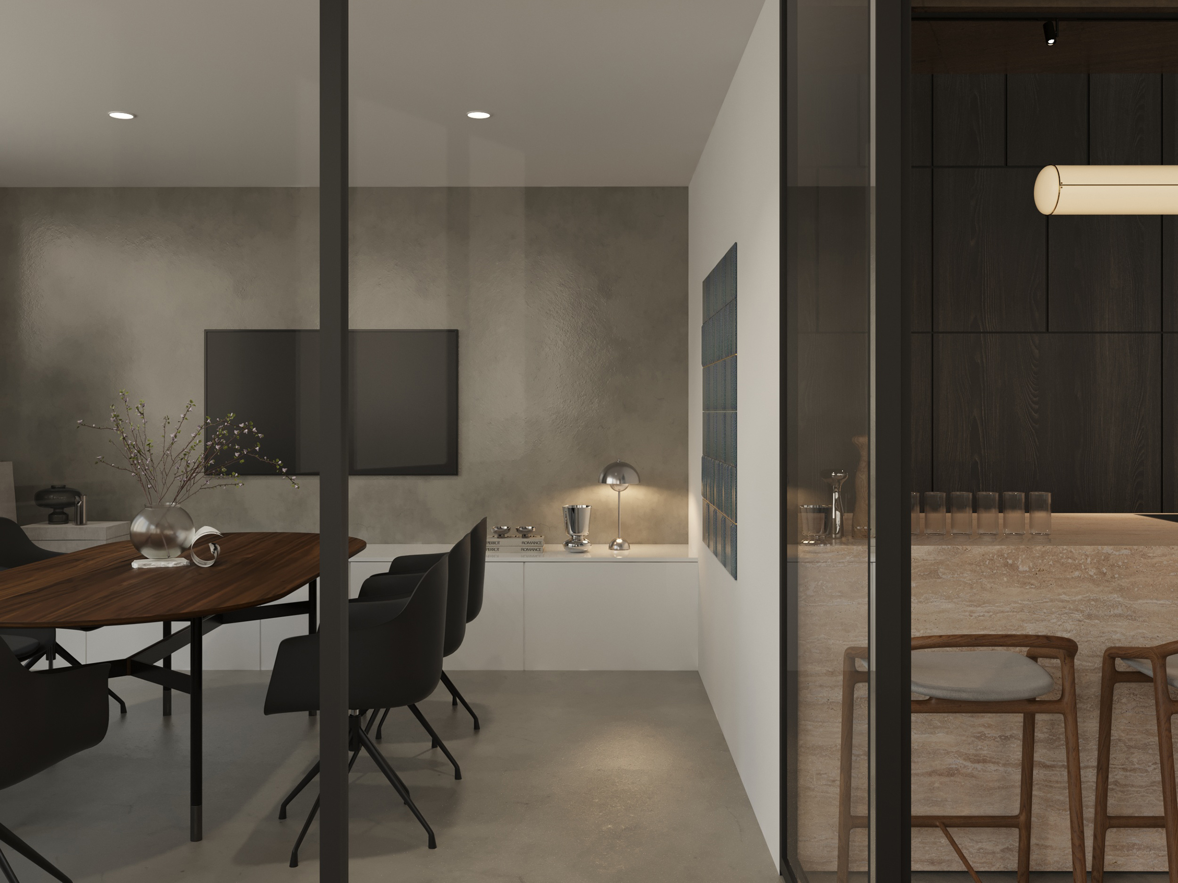 Meeting room with a dark timber table behind a glazed partition.