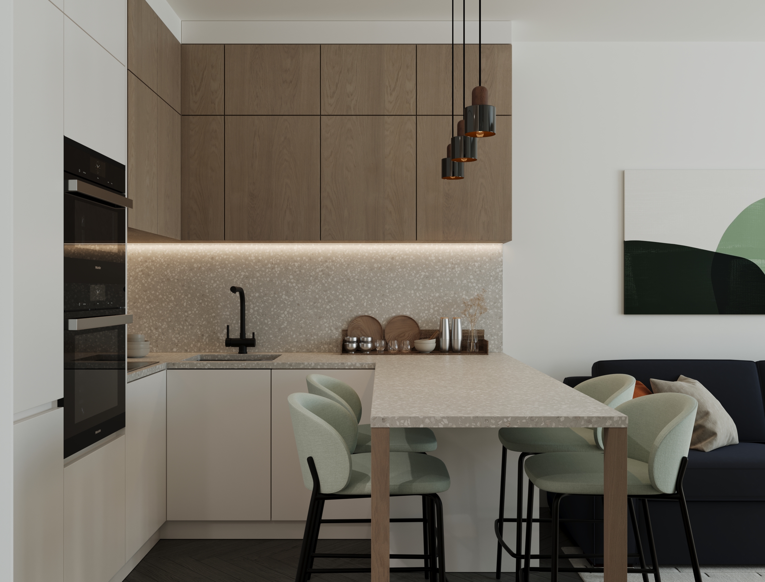 Seven, Kyiv — contemporary residential interior with a muted material palette.