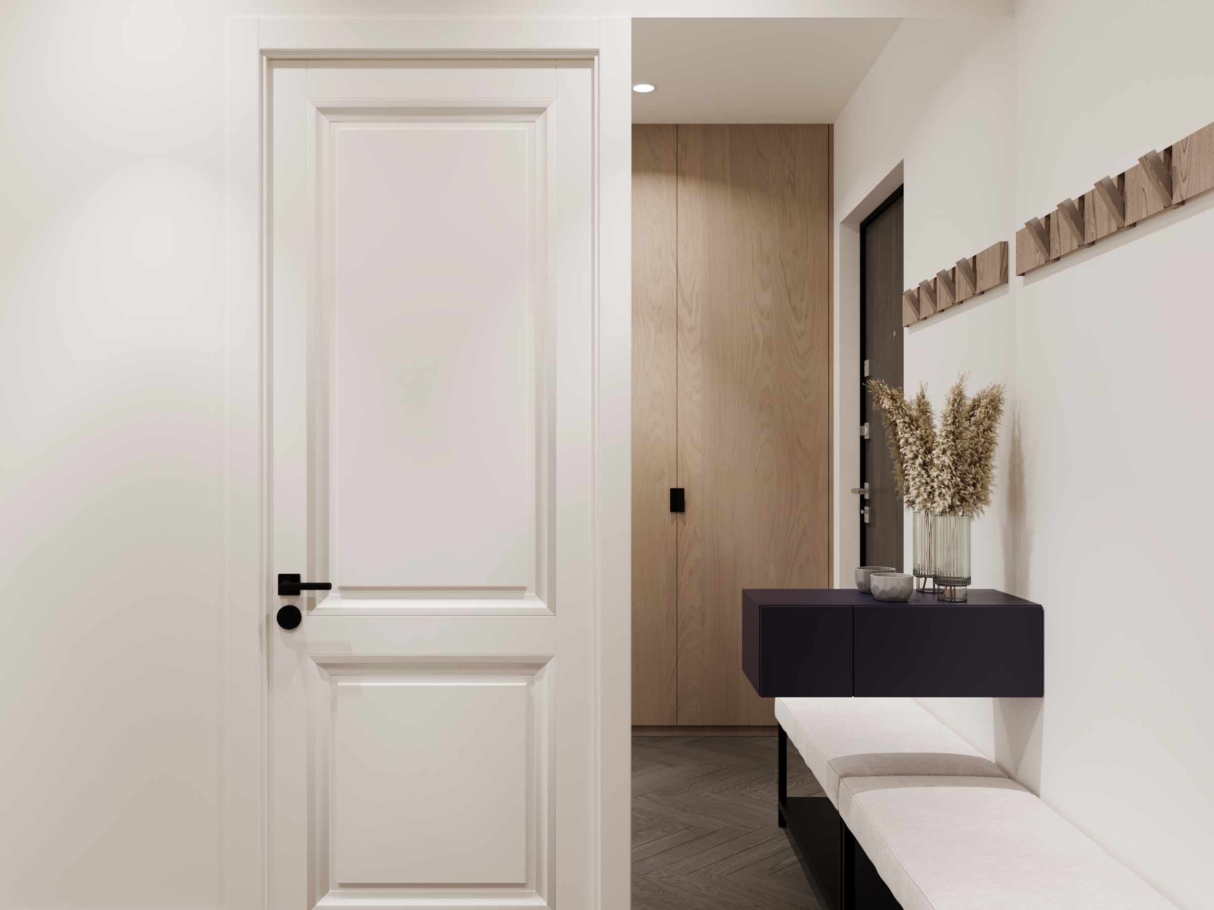Entrance hall with a panelled door, timber wall, bench and a row of hooks.