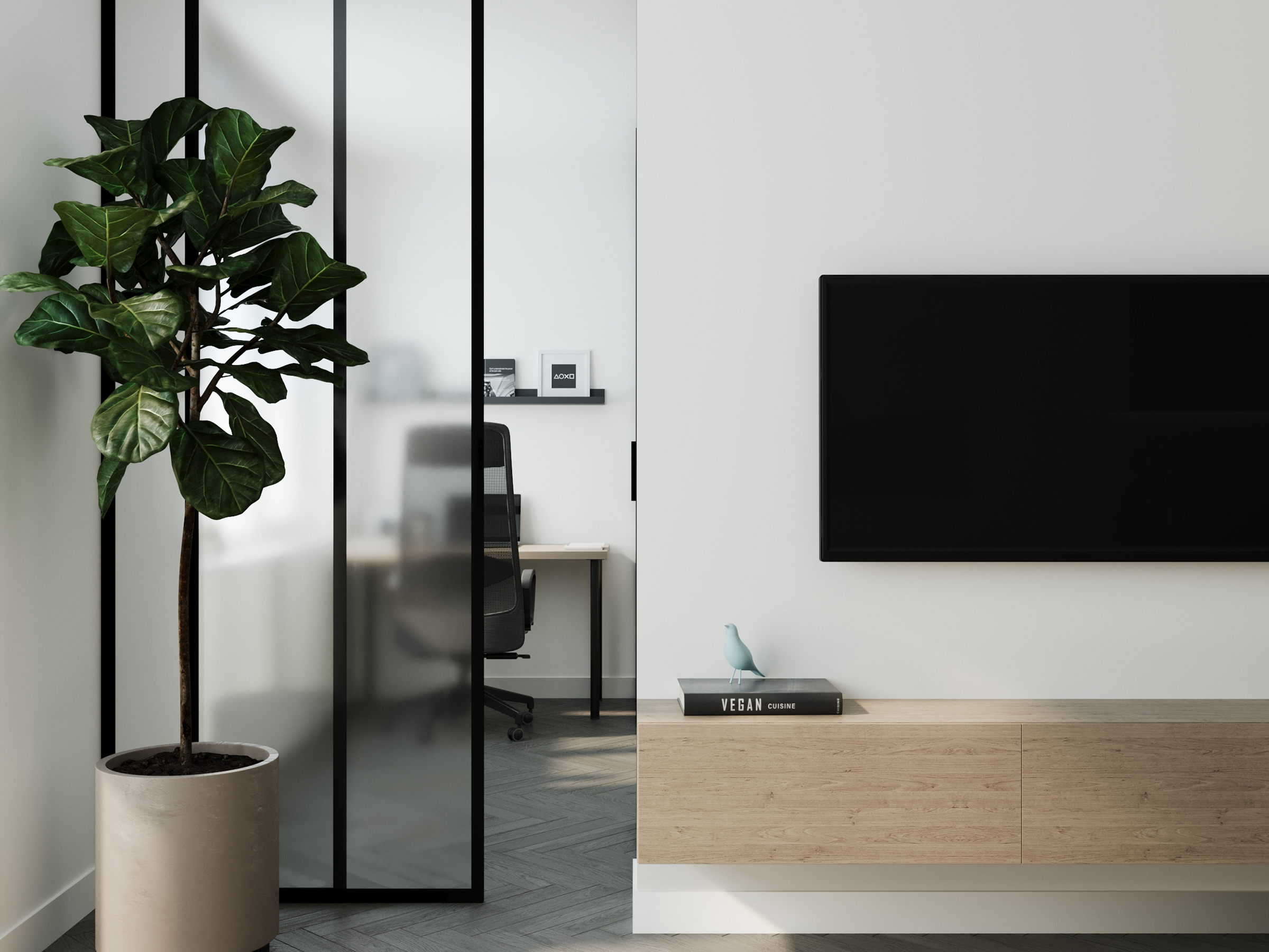 Home office behind a glazed partition, with a wall-mounted screen and a plant.