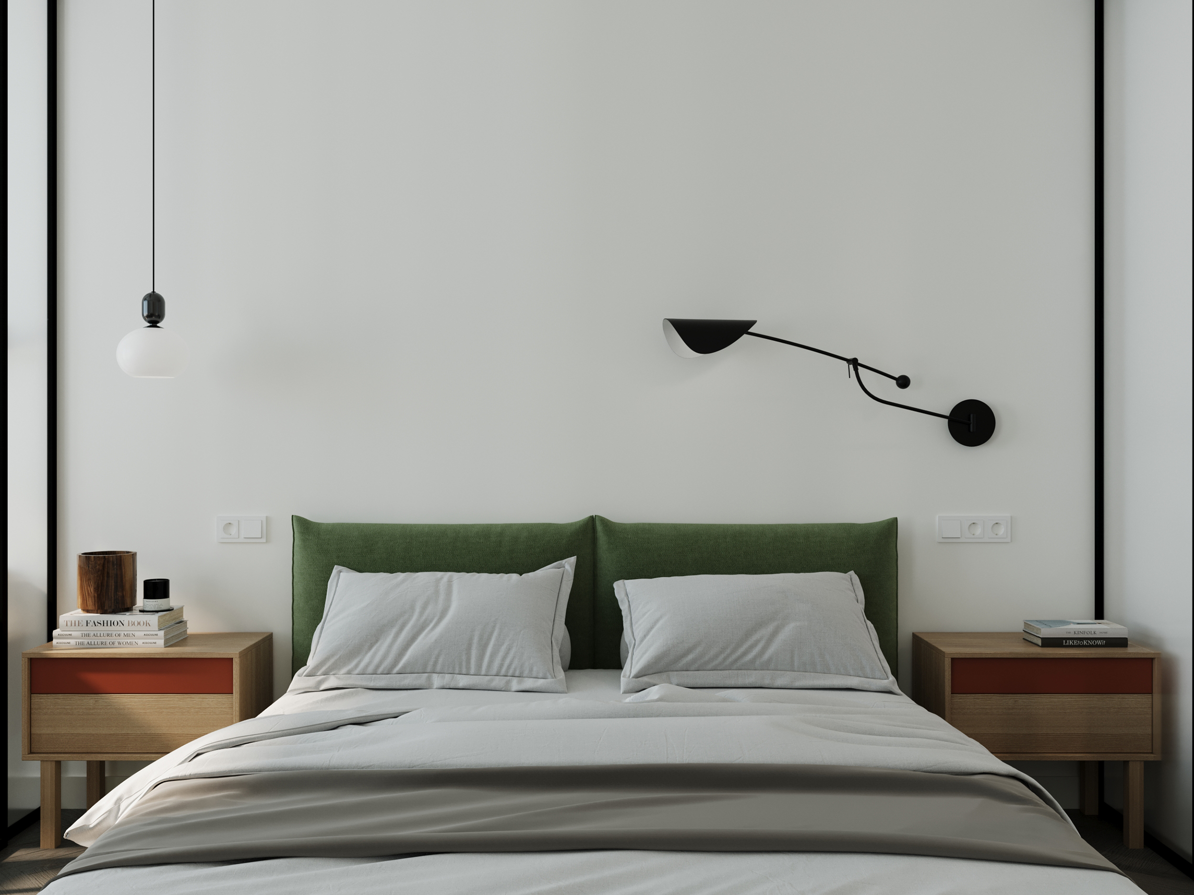 Bedroom with a green upholstered headboard between two wall lights.