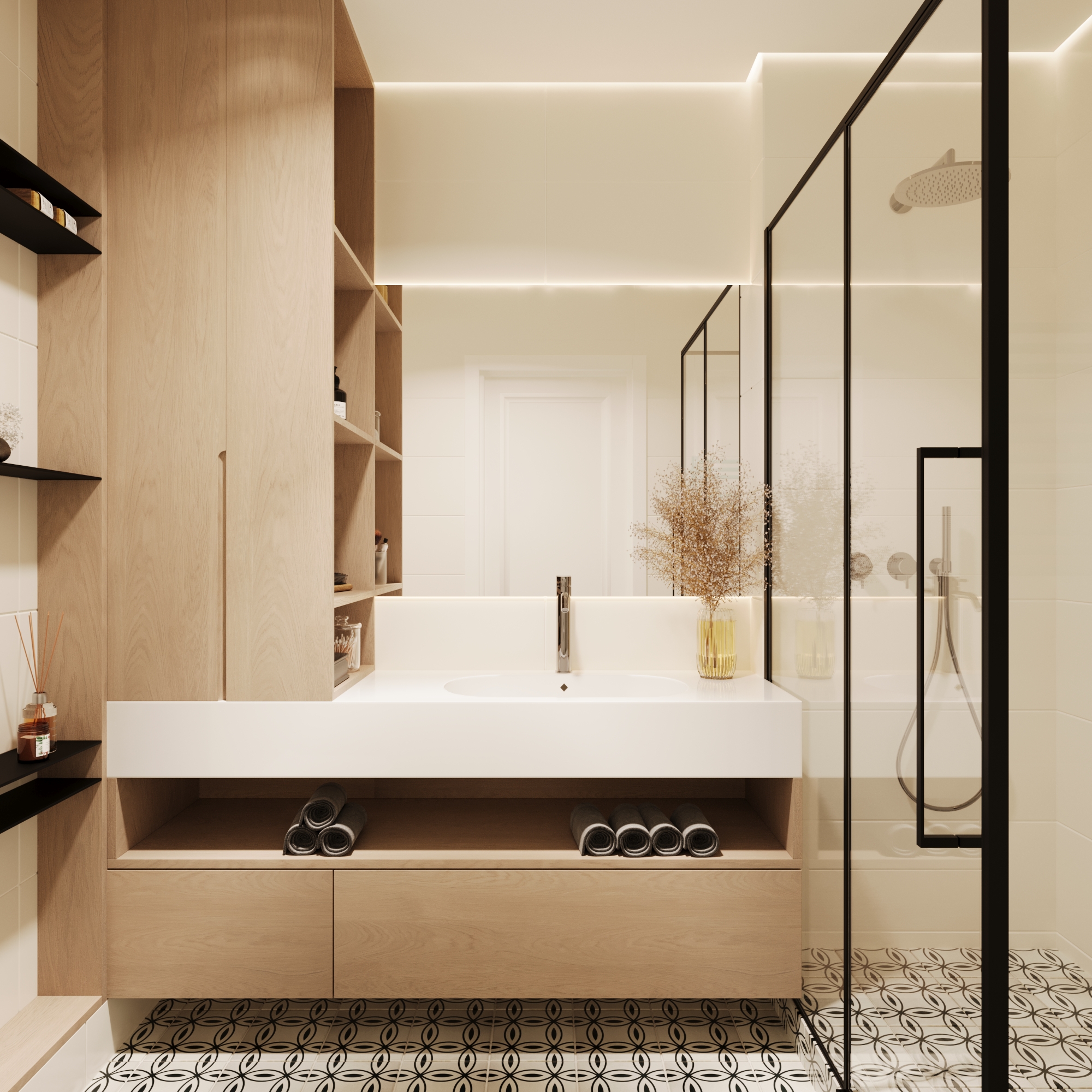 Bathroom with a long basin on a timber vanity, and a shower behind glass.