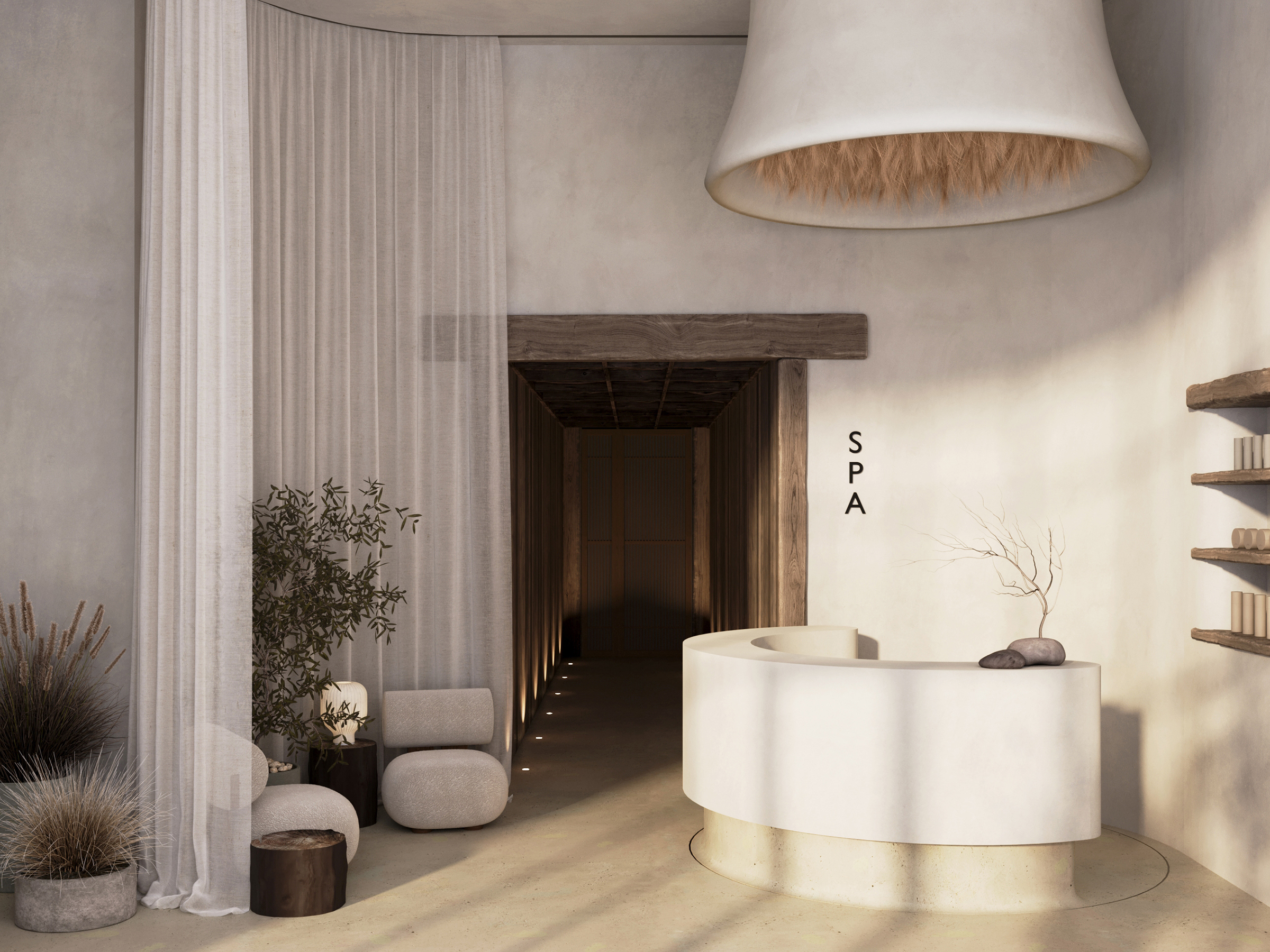 Reception with a curved plaster desk and sheer curtains, beside an olive tree.