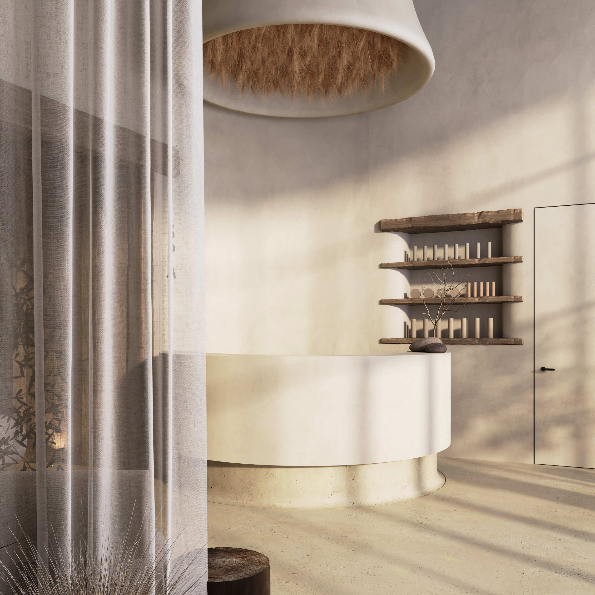 Curved reception desk seen through sheer curtains, beside timber display shelving.